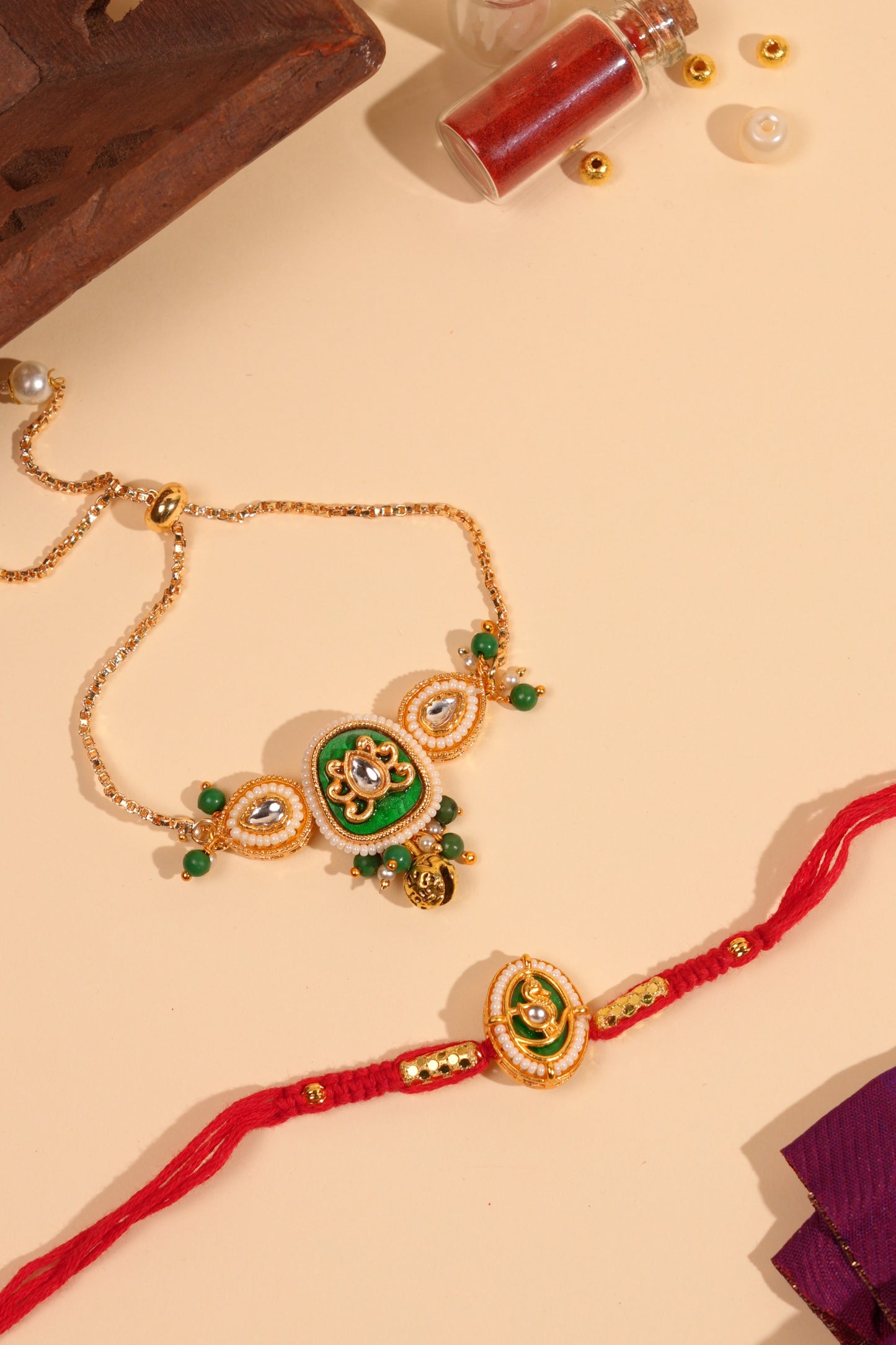 Meenakari Kundan Bhai Bhabhi Rakhi Set