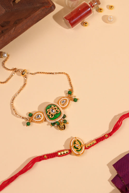 Meenakari Kundan Bhai Bhabhi Rakhi Set