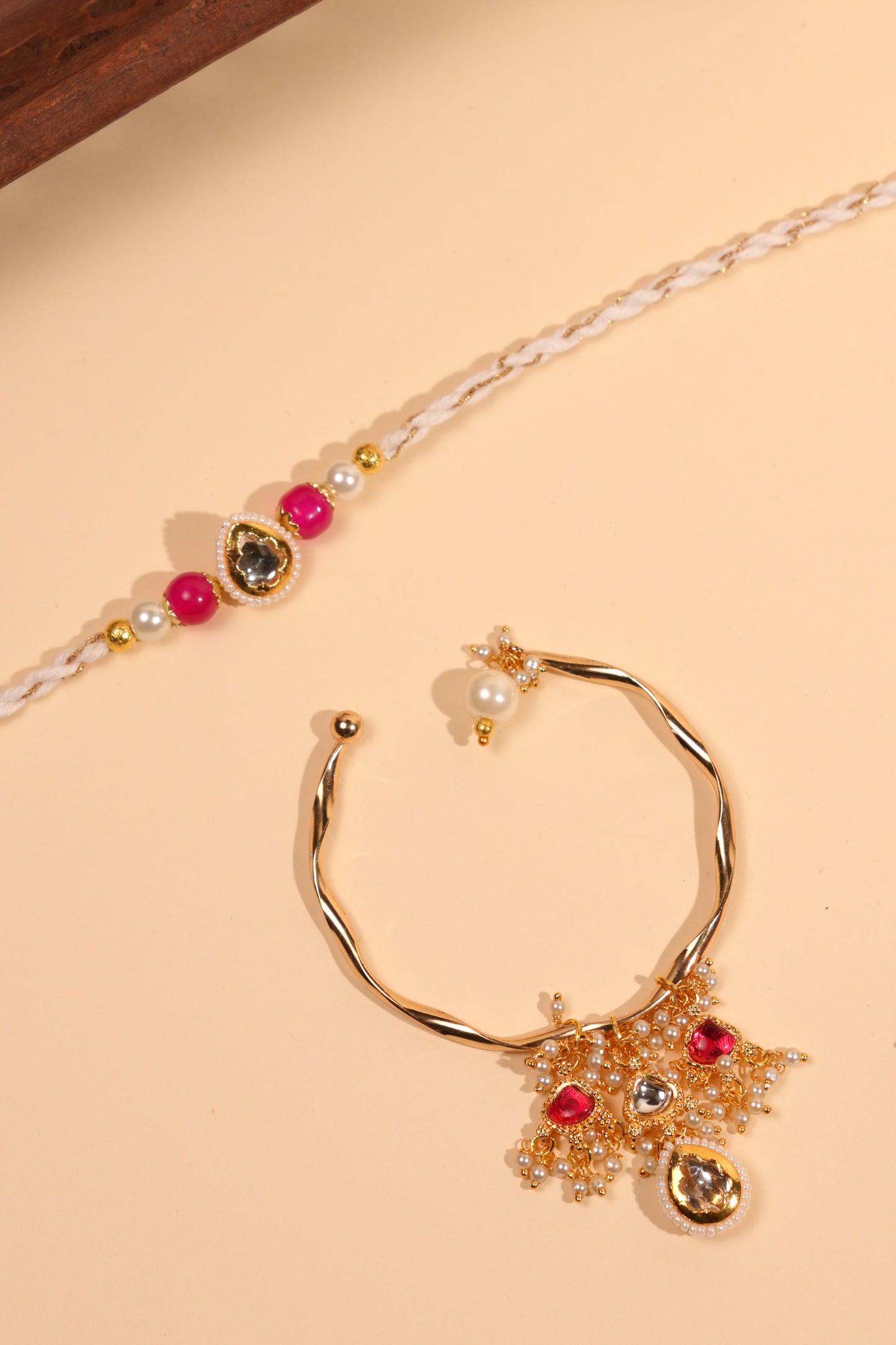 Royal Pink Kundan Bhai Bhabhi Rakhi Set