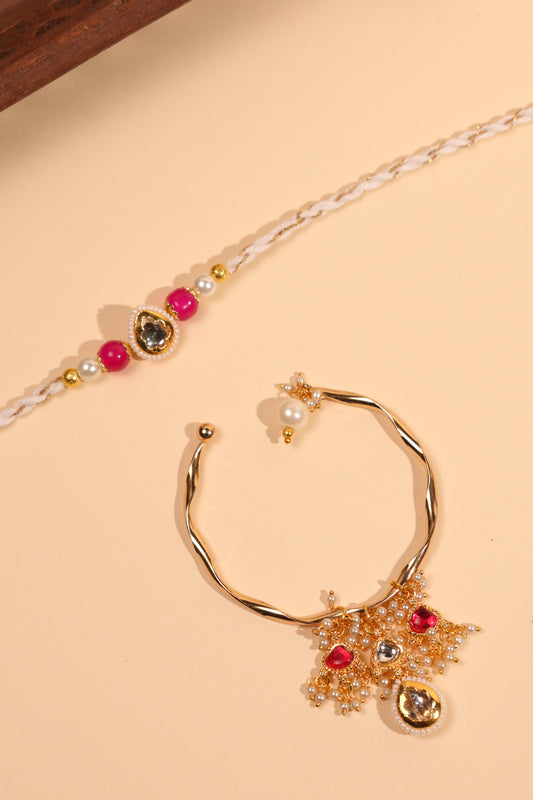 Royal Pink Kundan Bhai Bhabhi Rakhi Set