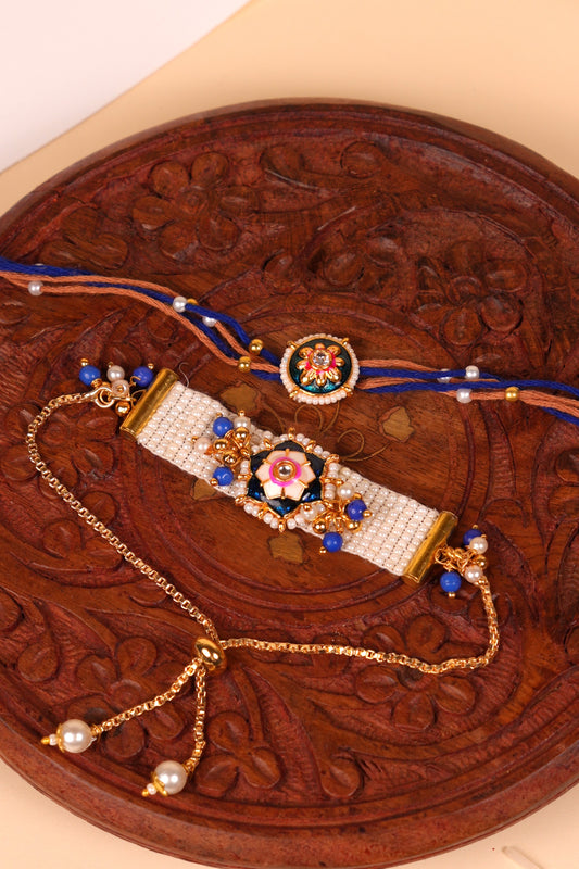 Blue Rosette Bhaiya Bhabhi Rakhi Set