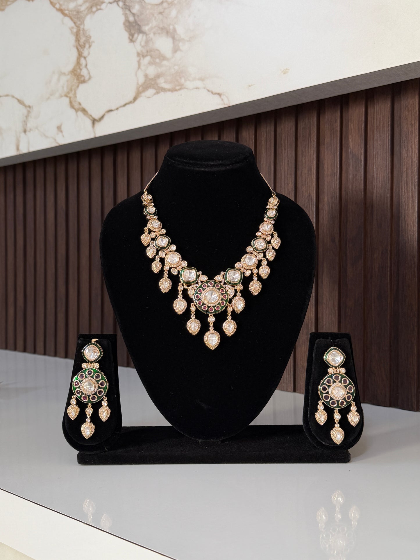 Traditional Kundan Setting Moissanite Uncut Polki Stones Necklace Set
