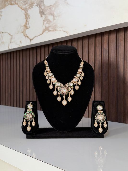 Traditional Kundan Setting Moissanite Uncut Polki Stones Necklace Set