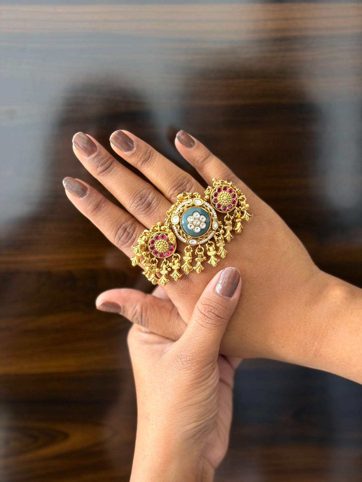 Double Finger Precious Kundan Ring
